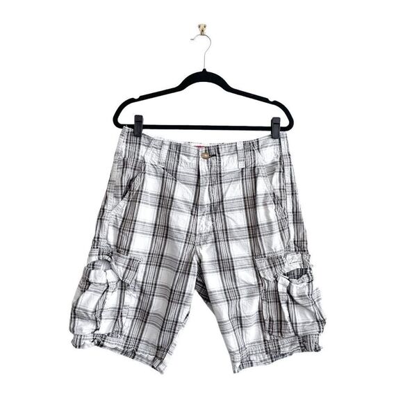 Levi's Mens Cargo Shorts Multiple Pockets Plaid Black White Tan Size 33 - Picture 1 of 9